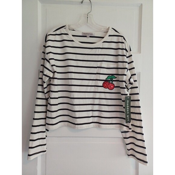 Madden Girl cherry sequin patch long sl. tee XL black stripe cropped NWT flaw - Picture 1 of 11